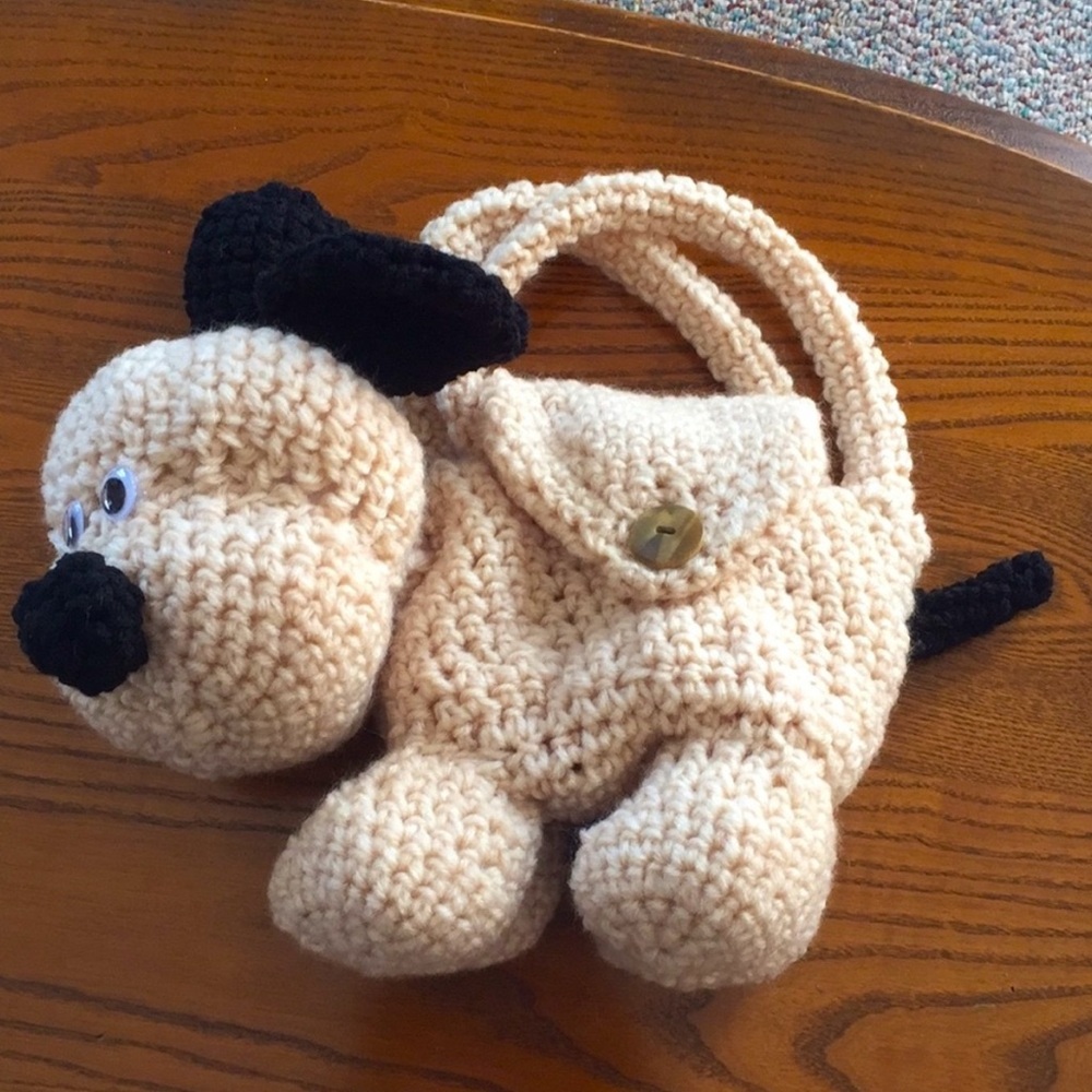 Hand Crafted Crochet Beige and Black Puppy Dog Purse Children’s Carry Toy - Picture 6 of 10